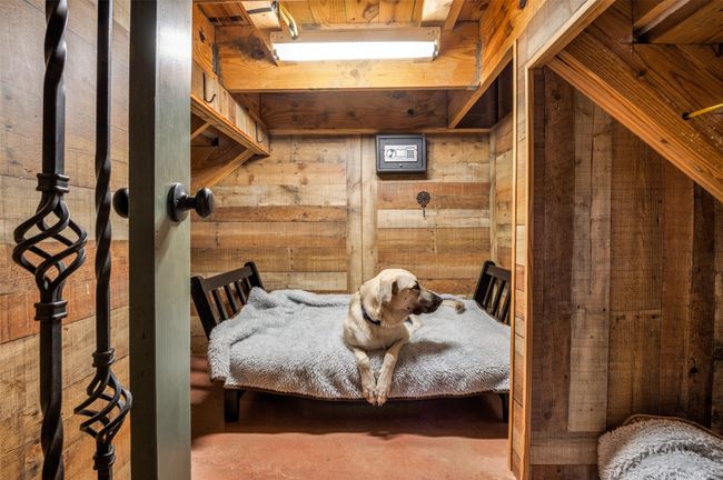 Pet bedroom created under stairway w wrought iron gate for keeping them secure when needed - truly a special space for pets! | Image 11