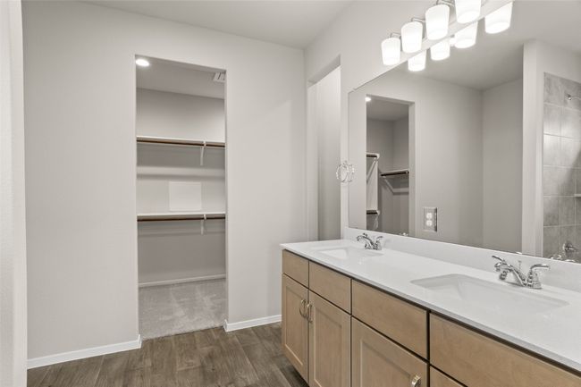 Bathroom with a sink, a walk in closet, double vanity, and wood finished floors | Image 19