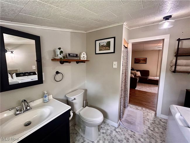 Ensuite bathroom with vanity, toilet, ornamental molding, and baseboards | Image 10