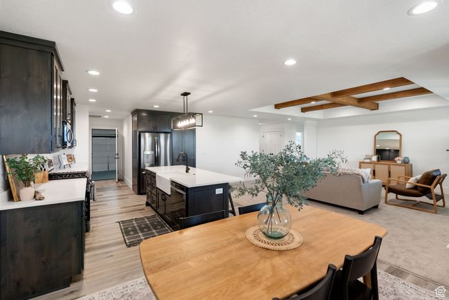 Dining space with recessed lighting, coffered ceiling, light wood-type flooring, and beamed ceiling | Image 6