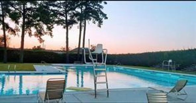 A serene outdoor neighborhood pool area with lounge chairs and a lifeguard stand, framed by tall trees and a well-manicured hedge, perfect for relaxation and recreation. | Image 36