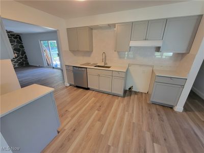 Kitchen featuring gray cabinets, light wood-type flooring, sink, and stainless steel dishwasher | Image 3