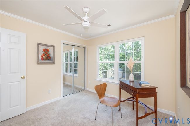 Office featuring carpet, ornamental molding, and ceiling fan | Image 29