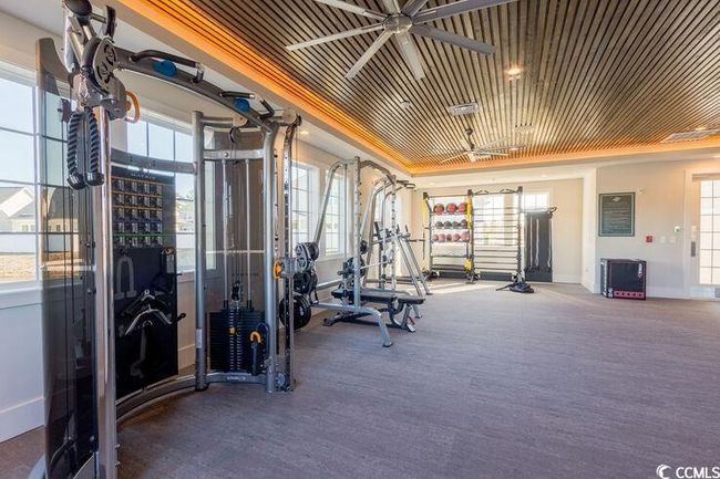 Gym with plenty of natural light, wooden ceiling, and baseboards | Image 22