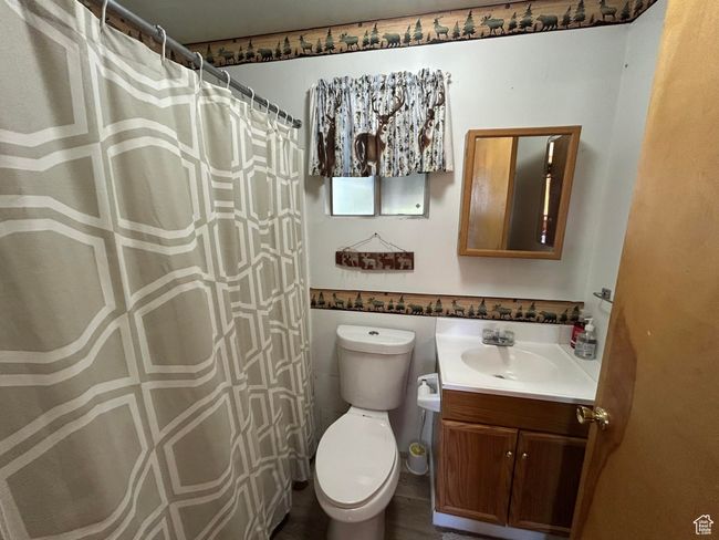 Bathroom with vanity and curtained shower | Image 21