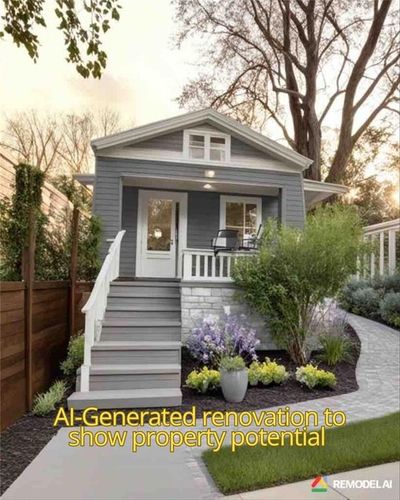 AI remodeled image with exterior siding added and painted; extensive landscaping including a sidewalk addition; replace fence , roof, and windows; paint stairs, paint and repair handrail, replace front door, and add eves; add faux stone. | Image 2