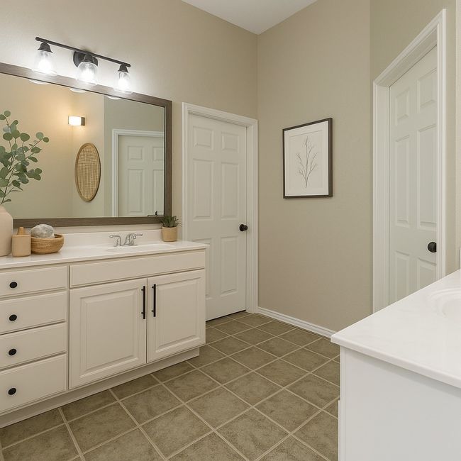 Bathroom with baseboards, vanity, and tile patterned floors | Image 28