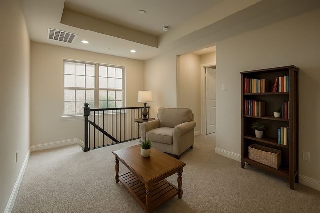 Sitting room featuring light carpet, an upstairs landing, baseboards, and visible vents | Image 12