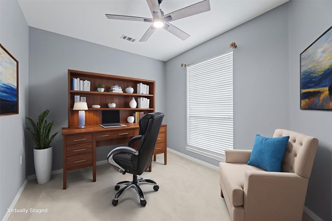 Home office featuring ceiling fan and light colored carpet | Image 10