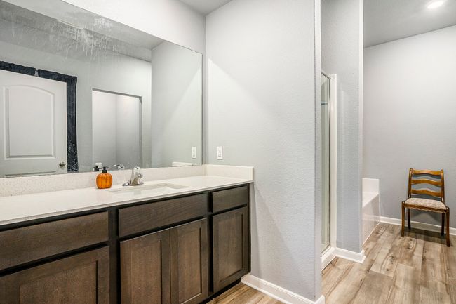 Bathroom featuring vanity, baseboards, walk in shower, and luxury vinyl plank finished floors | Image 16