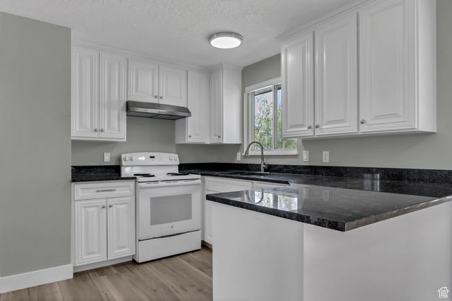 Kitchen with electric range, under cabinet range hood, a sink, white cabinetry, and light wood-type flooring | Image 13