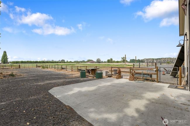 All pastures have solid wood fence on 8ft posts with no climb horse fence sandwiched between the rails. There's a highline and hitching posts. | Image 34