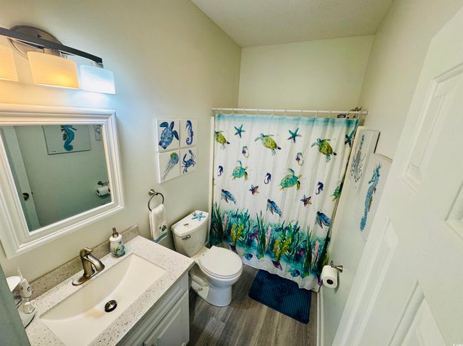 Bathroom featuring vanity, a shower with curtain, toilet, and wood finished floors | Image 20