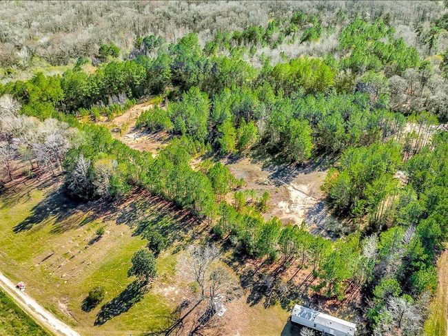 This aerial photo showcases a large, wooded property with a mix of lush greenery and open spaces. It features a clear path, ample privacy, offering a secluded, nature-rich setting ideal for a tranquil home environment. | Image 10