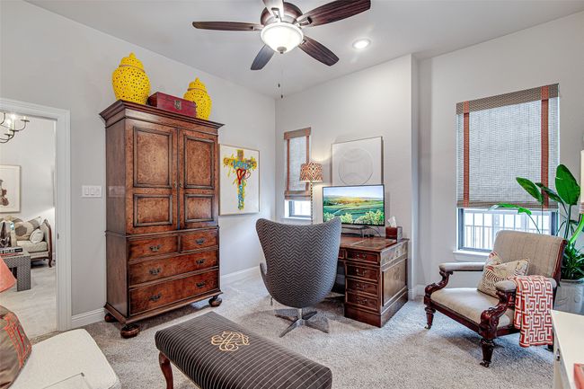 Office space featuring recessed lighting, light colored carpet, baseboards, and a ceiling fan | Image 26