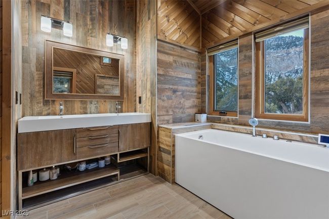 Full bath featuring vanity, a bathing tub, and wooden walls | Image 63