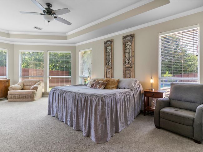 Bedroom with light colored carpet, crown molding, a raised ceiling, and multiple windows | Image 18