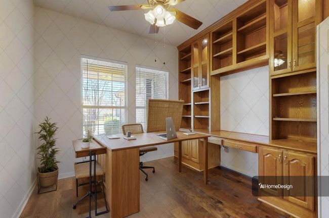 Office with dark wood finished floors , and built ins, virtual staging | Image 23