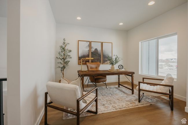 Office area featuring baseboards, recessed lighting, and wood finished floors | Image 7