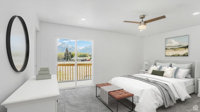 Bedroom with carpet, access to outside, a mountain view, recessed lighting, and a ceiling fan | Image 10