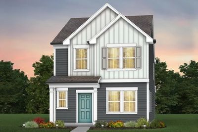 Grifton Home # 193 - drawing of example exterior (#2). Features low-maintenance exterior with beautiful Board & Batten, plus high roof peaks for curb appeal. Actual material colors vary. See Sales Consultant for details. | Image 1