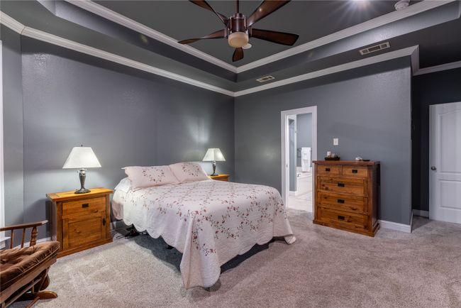Bedroom featuring carpet, crown molding, a raised ceiling, and ceiling fan | Image 24