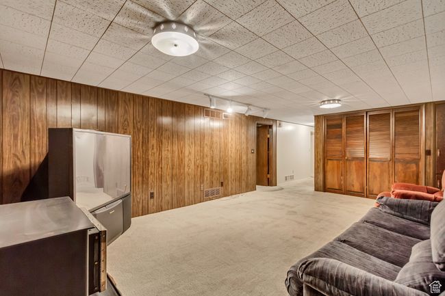 Carpeted living area featuring wooden walls, visible vents, and track lighting | Image 22