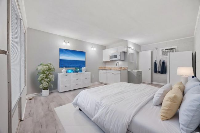 Bedroom featuring light wood finished floors, baseboards, a sink, and a wall mounted air conditioner | Image 4