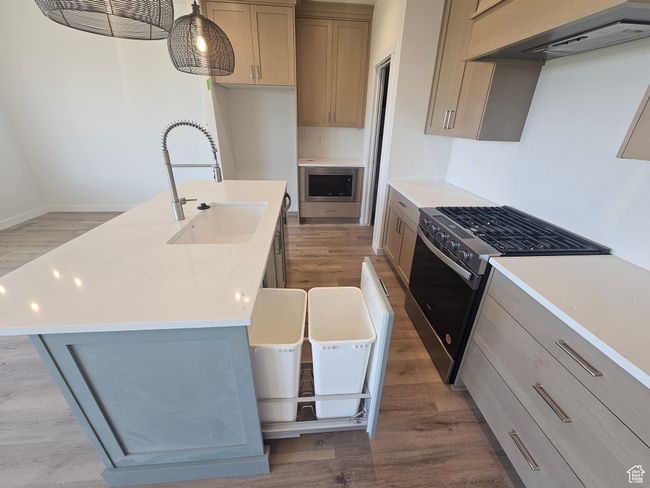Kitchen featuring gas range, range hood, stainless steel microwave, a sink, and wood finished floors | Image 6