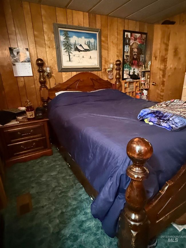 Bedroom with wood walls and carpet | Image 17