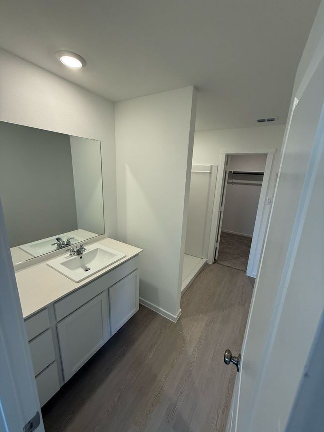 Full bath with wood finished floors, vanity, a walk in closet, and baseboards | Image 32