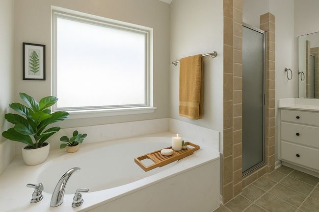 Full bath featuring a shower stall, a garden tub, tile patterned flooring, and vanity | Image 30