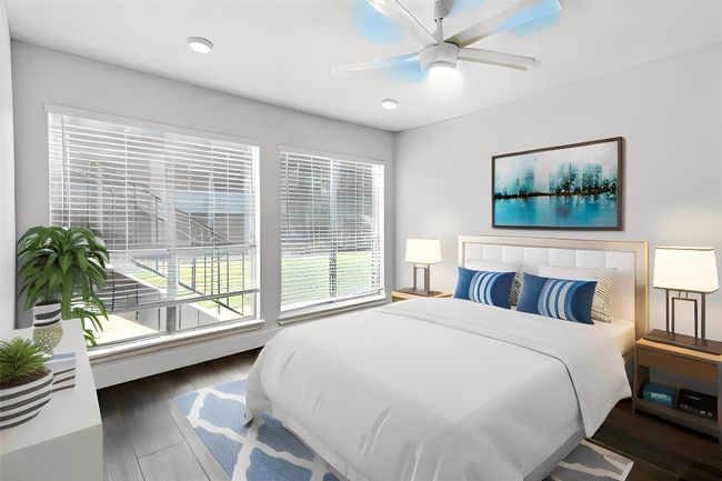 VIRTUALLY STAGED Bedroom featuring wood finished floors, recessed lighting, and a ceiling fan | Image 8