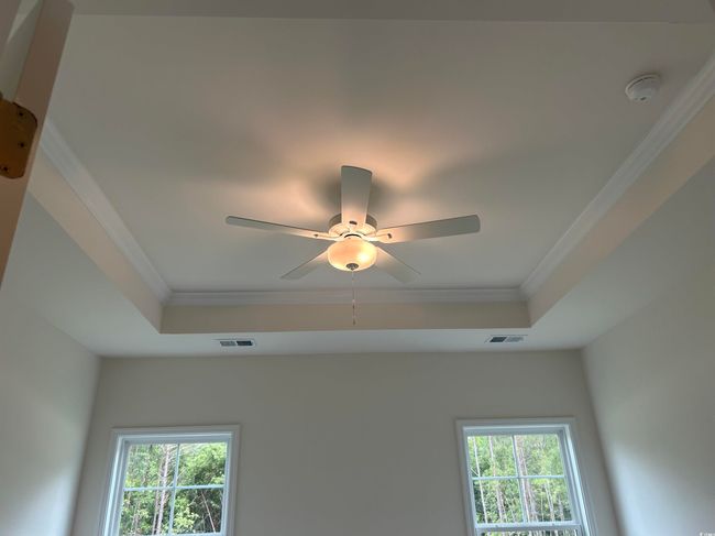 Detailed view of ornamental molding, a smoke detector, a tray ceiling, and ceiling fan | Image 19