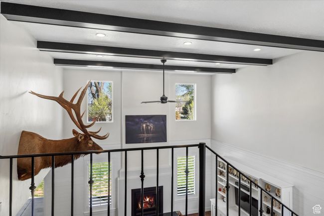 Interior details featuring beam ceiling, ceiling fan, and recessed lighting | Image 32