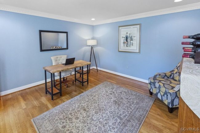 Office featuring baseboards, ornamental molding, wood finished floors, and recessed lighting | Image 20