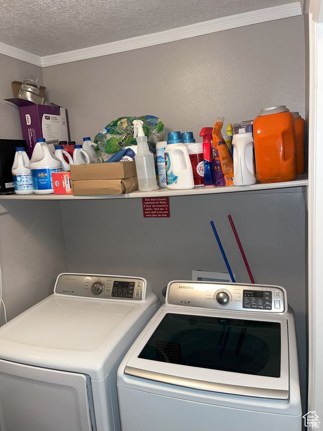 Clothes washing area with washer and clothes dryer, a textured ceiling, and crown molding | Image 11