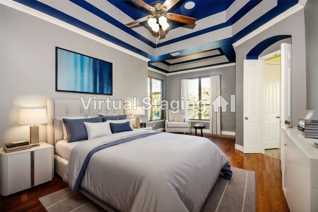 Virtual -Bedroom featuring a raised ceiling, wood finished floors, ornamental molding, and baseboards | Image 29