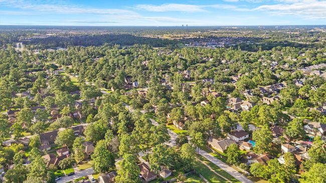 This aerial photo showcases a lush, tree-filled suburban neighborhood with well-spaced homes and winding streets. The area appears peaceful and residential, offering a sense of privacy and natural beauty. | Image 30