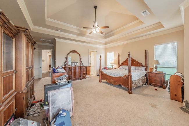 Bedroom with light carpet, multiple windows, a tray ceiling, and crown molding | Image 21