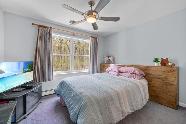 Bedroom with carpet flooring, visible vents, baseboard heating, and a raised ceiling | Image 22