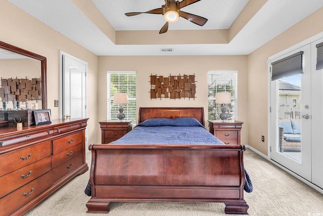 Bedroom with light colored carpet, access to outside, a tray ceiling, and multiple windows | Image 29