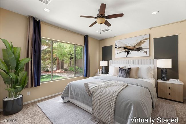 Carpeted bedroom with visible vents, recessed lighting, a ceiling fan, and baseboards | Image 5