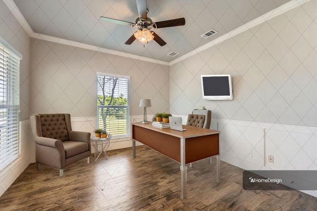 Office area on the First Floor with wood finished floors, a ceiling fan, and crown molding | Image 4