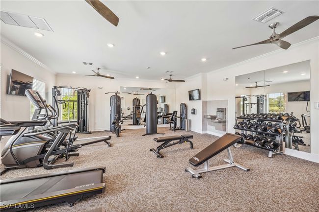 Gym featuring carpet floors, crown molding, ceiling fan, and a healthy amount of sunlight | Image 12