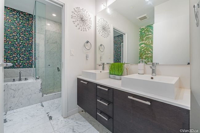 Full bathroom with double vanity, a bath, marble finish flooring, a marble finish shower, and recessed lighting | Image 6