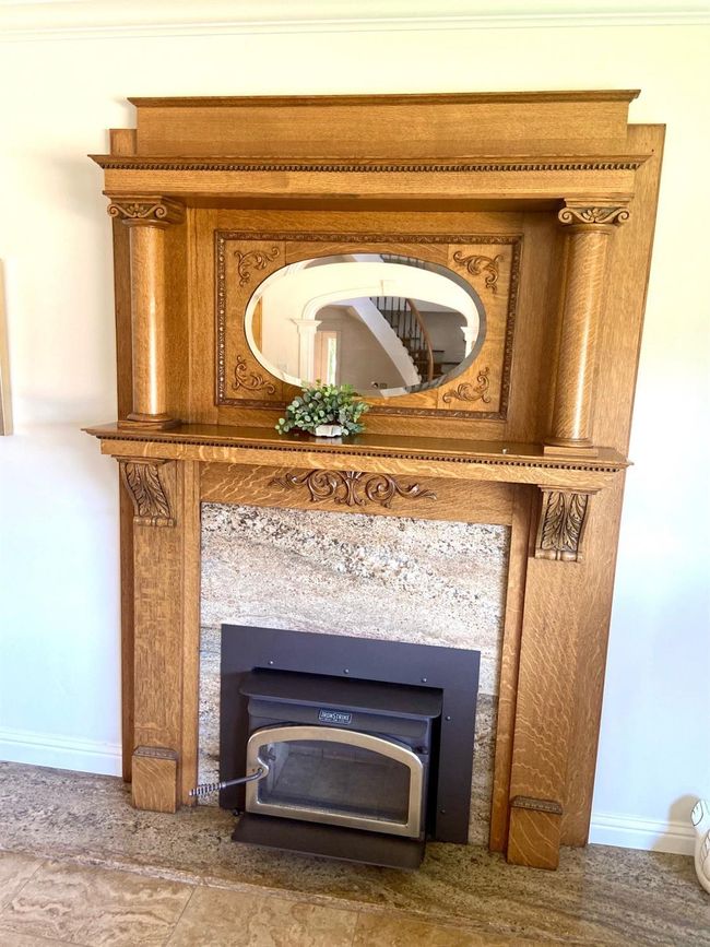 Cozy up to a real fire! Custom Tiger oak antique fireplace mantle w/granite, insert. | Image 47