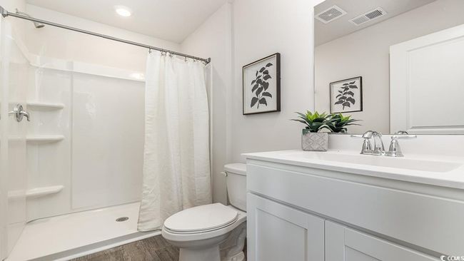 Bathroom with hardwood / wood-style flooring, vanity, toilet, and curtained shower | Image 17
