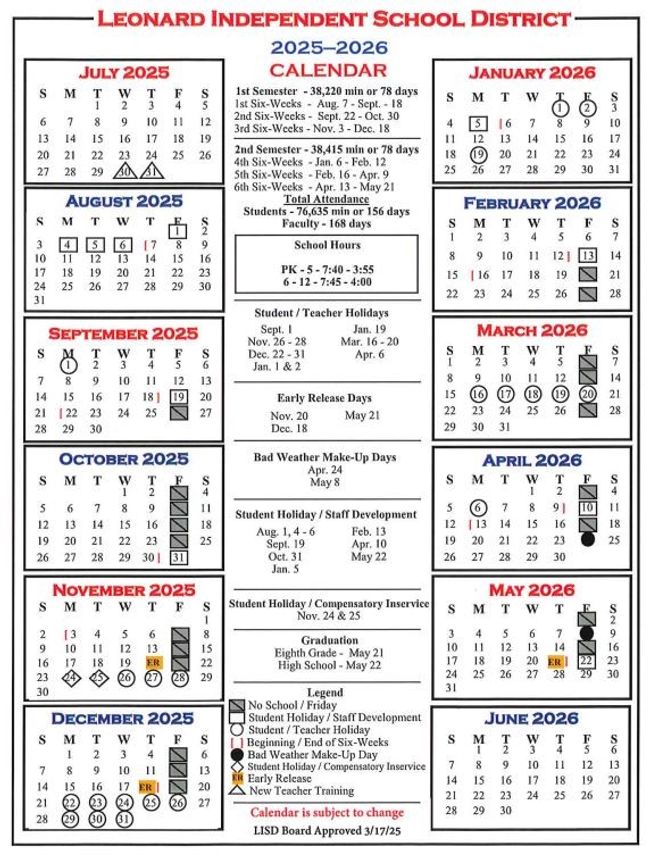 2025-2026 Leonard ISD Calendar | Image 13