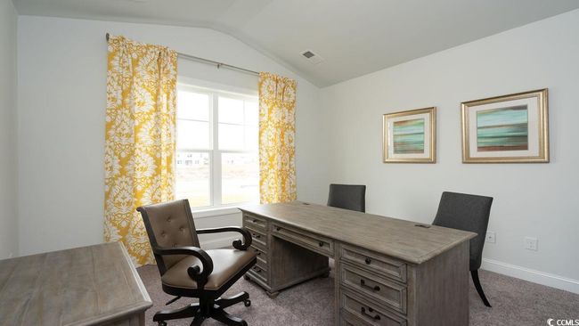Home office featuring carpet floors, baseboards, vaulted ceiling, and visible vents | Image 27
